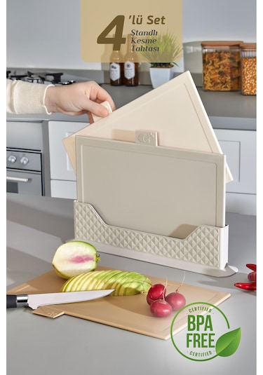 4'lü Tezgah Üstü Yatay Standlı Kesme Tahtası - Çoklu Doğrama Tahtası Ekmek Sebze Et Kesim Panosu Bej