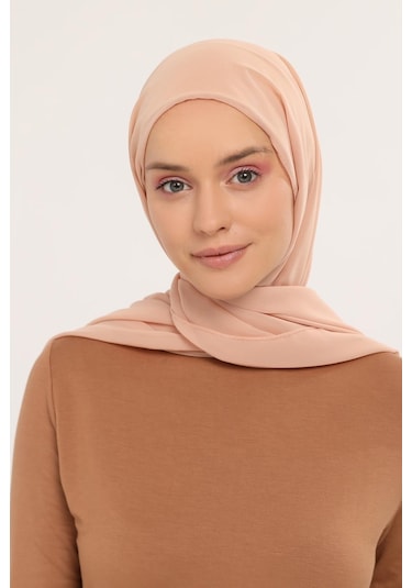 Hazır Pratik Lüks Geçmeli Lastikli Boneli Şifon Şal Koyu Bej