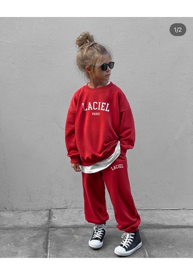 Çocuk Slogan Desenli Pamuklu Sweatshirt Eşofman Tayt Alt-üst Takım Kırmızı