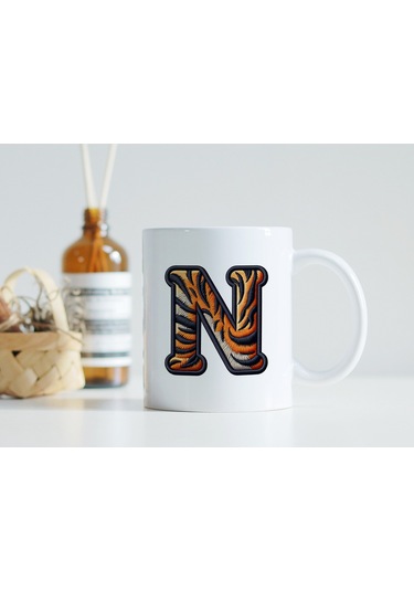 N Harfi Kaplan Figürlü Nakış Desenli Kupa Bardak - Kişiye Özel Vahşi Hayvan Desenli Kupa - Hediye Beyaz