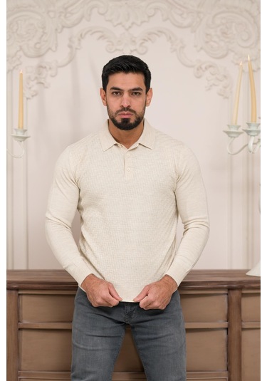 Woolen World Polo Yaka Slimfit Desenli Yünlü Erkek Triko Kazak Krem
