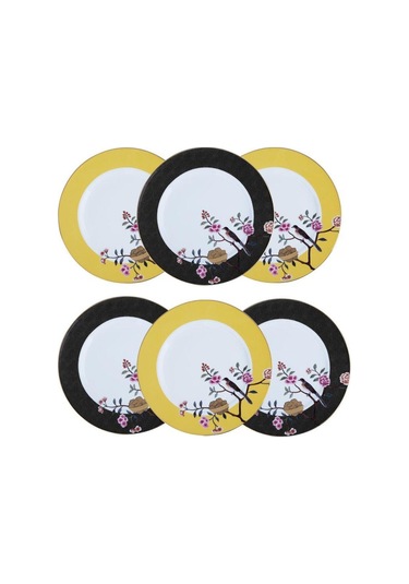 Lucile Siyah Sarı Kuş Desenli 6'lı Porselen Servis Tabağı Seti 28 Cm Lywy 008 Çok Renkli