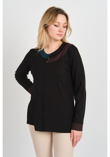 Detay Triko Kadın Boncuk Süslemeli Bisiklet Yaka Yanları Yırtmaçlı Anne Bluz 5723 Siyah Siyah
