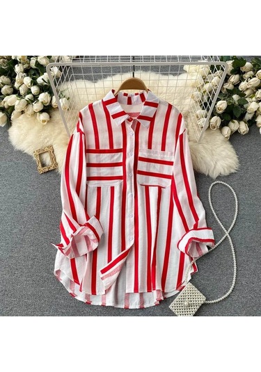 Yaz Yeni Orta Uzunlukta Dikey Çizgili Çok Renkli Gömlek Ceket Kadın Kore Tarzı Rahat Gevşek Üstler Kırmızı Yaz Yeni Orta Uzunlukta Dikey Çizgili Çok Renkli Gömlek Ceket Kadın Kore Tarzı Rahat Gevşek Üstler Kırmızı