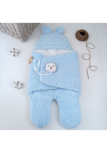 Bebek Dış Kundak Battaniyesi Pelüş Ayaklı Welsoft Uyku Tulumu Kışlık Mont Yenidoğan 0-12 Ay Mavi