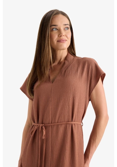 Defacto Regular Fit V Yaka Bağlamalı Midi Elbise F4673ax25hsbn101 Kahve