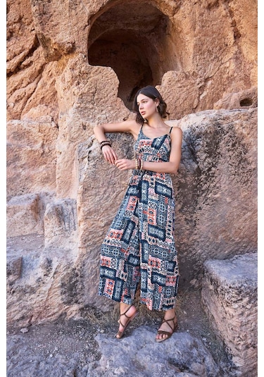 Monamise Kadın Etnik Desenli Tulum 23065-lacivert Lacivert