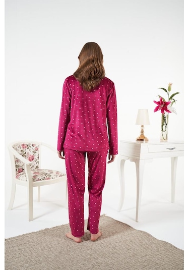 Estiva Puantiyeli Önden Düğmeli Kadife Bayan Pijama Takım Bordo