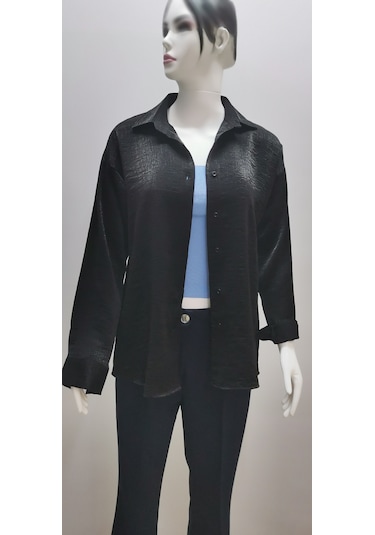 Kadın Uzun Kollu Salaş Parlak Simli Kumaş Pamuk Gömlek Siyah