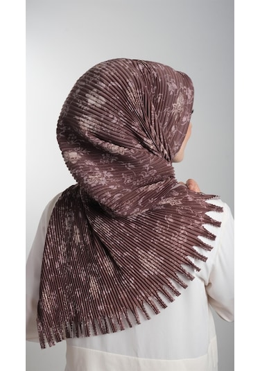 Kahverengi Pratik Hazır Geçmeli Tesettür Eşarp Kesik Elyaf Piliseli Çiçek Desenli 1818d6 14