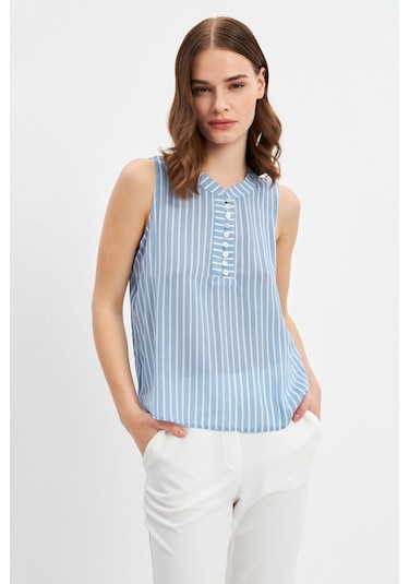 Stella Pulvis Mavi Düğme Detaylı Kolsuz Bluz Mavi