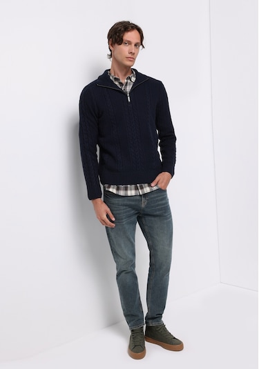 Colins Regular Fit Dik Yaka Jakarlı Erkek Lacivert Kazak Cl1076243 Q1.v1 Nav Lacivert