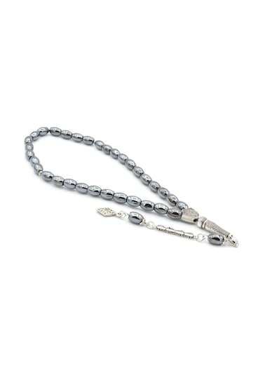 Gümüş Kaplama Malzemeli Arpa Kesim Hematit Taşı Tesbih 002 Gri