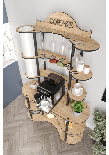 Brew-blıss Mutlu Kahve Köşesi-çok Amaçlı Mutfak Rafı Safir Meşe-lambader Aydınlatmalı Meşe