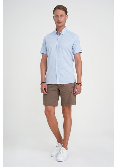 Comfort Fit Düğme Yaka Kısa Kol %100 Keten Düz Mavi Gömlek G 1596 Mavi