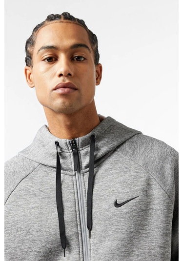 Nike Therma Fit Full Zip Hoodie Erkek Kapüşonlu Termal Fermuarlı Sweatshirt Gri Gri Melanj