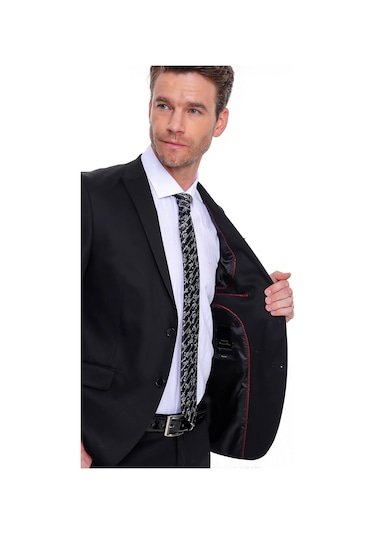 Morven Erkek Siyah Basic Düz Slim Fit Dar Kesim Çift Yırtmaç Tak - 498888096 Siyah
