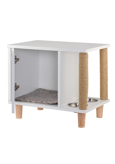Tahta Karınca Minimalist Mobilya Kedi Evi Mama Kabı Tırmalama Halatlı