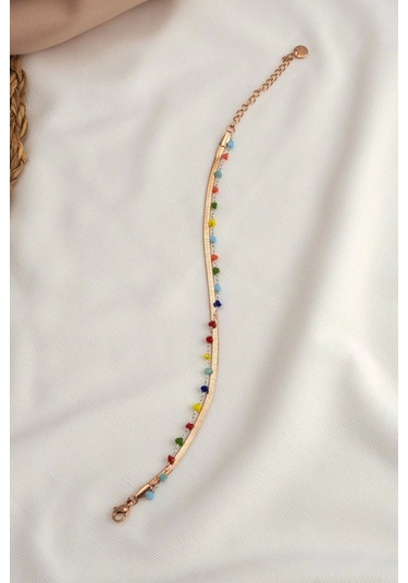 Renkli Taşlı 2'li Yassı Rose Bileklik Çok Renkli