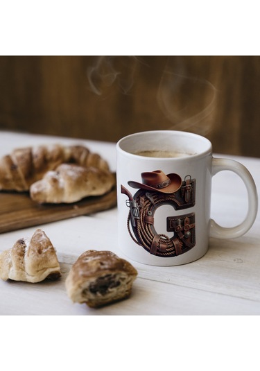 G Harfi Kovboy Temalı Bardak 330 Ml İsim / Harf Kişiye Özel Hediye - Vahşi Batı Konsept Beyaz