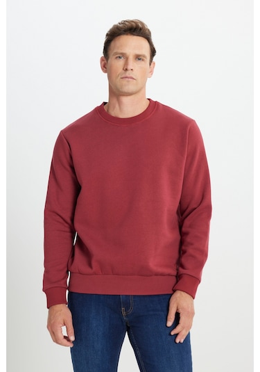 AC&Co / Altınyıldız Classics Erkek Bordo Standart Fit Normal Kesim İçi Polarlı Bisiklet Yaka Sweatshirt Bordo
