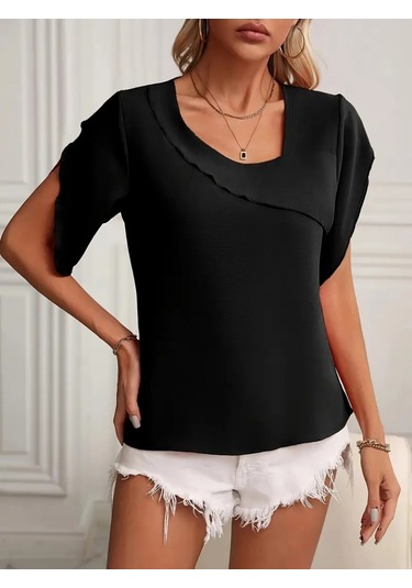 Kadın Kısa Kollu Yaka Ve Kol Detay Jesica Bluz Zümrüt