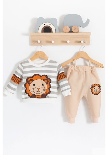 Aslan Desenli 2'li % 100 Pamuk Erkek Bebek Takımı Renkli Gri