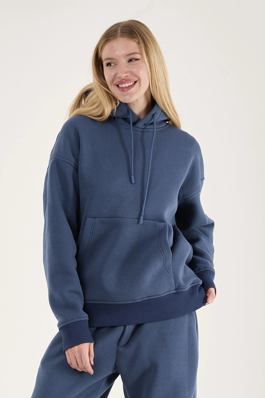 Q-4008 Kapüşonlu Üç İp Şardonlu Sweat İndigo