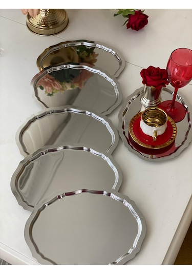 Paslanmaz Celik 6 Adet Oval Dalgali Servis Ve Sunum Tepsisi Gümüş
