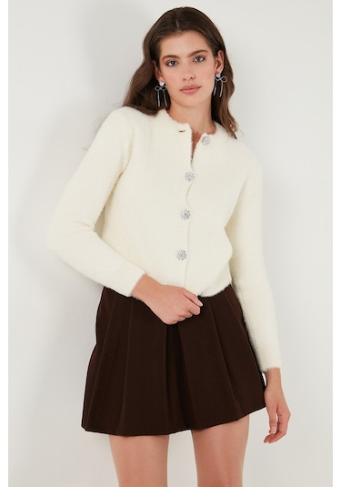 Lela Fitted Fit Bisiklet Yaka Yumuşak Dokulu Crop Bayan Hırka 4615559 Ekru