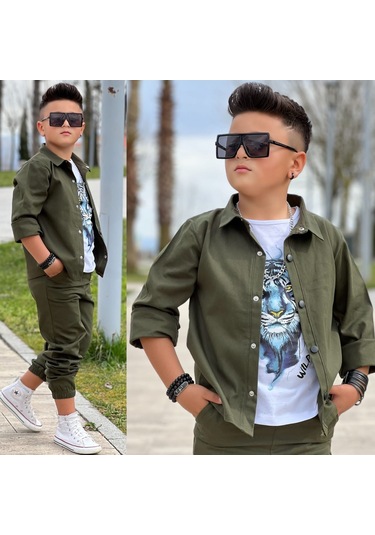 Modavals Gabardin Gömlek Kargo Cep Pantolon Ve Kaplan Baskılı Tshırt 3 Parça Erkek Çocuk Takım Haki