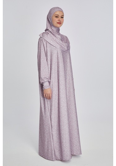 Pratik Tek Parça Çiçek Desenli Namaz Elbisesi Pembe
