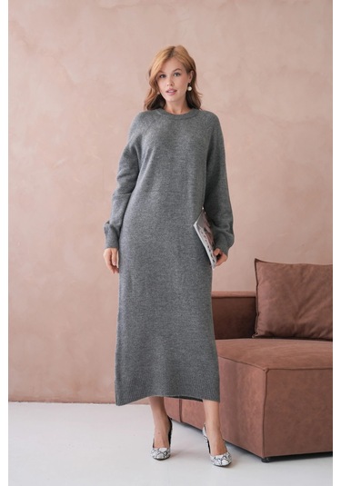 Kadın Bisiklet Yaka Yumuşak Dokulu Maksi Boy Şardonlu Oversize Triko Elbise 8324sw Antrasit