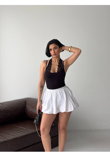 Pantofashion Dantel Detaylı Askılı Body Çıt Çıtlı Siyah