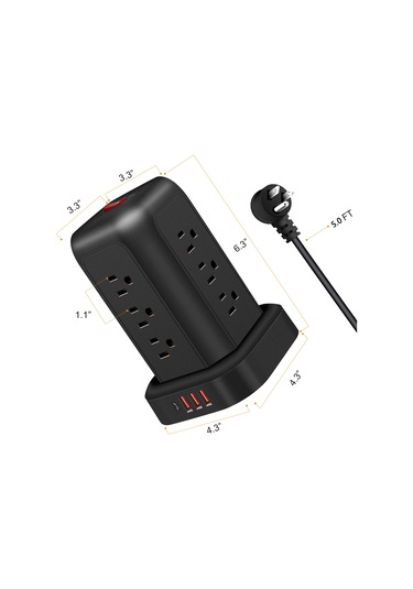 Reedark Amerikan Standartlı Dikey Priz, 12 Fişli + 3 Usb + 1 Type-c, Fırtına Ve Aşırı Yük Korumalı, 1.5m Kablolu, 2000w, Abs Kasa