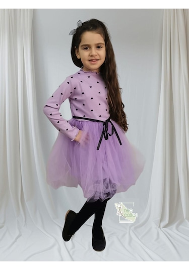 Kız Bebek-çocuk Uzun Kollu Doğum Günü Ve Özel Günler İçin Kalpli Tüllü Astarlı Elbise Lila