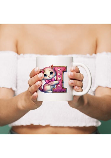 I Harfli Bardak, Sevimli Kedili Pembe Tasarım Bardak, Arkadaşa Aileye Hediye Porselen Beyaz