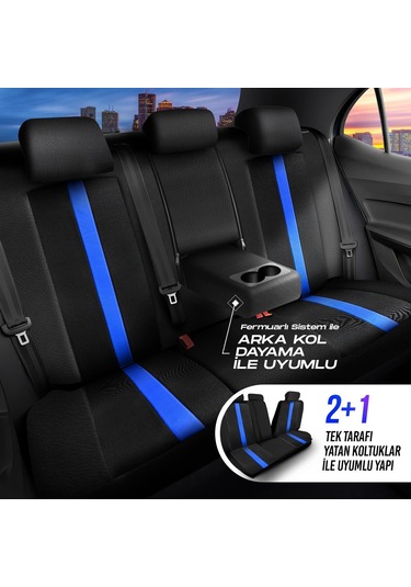 Panda Kapadokya Serisi Jakar Kumaş Oto Koltuk Kılıfı Tam Set Siyah - Mavi