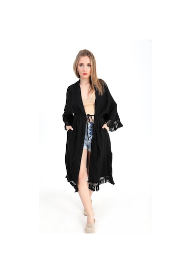 Kimono Palmiye Baskılı Püsküllü - Siyah-siyah Siyah