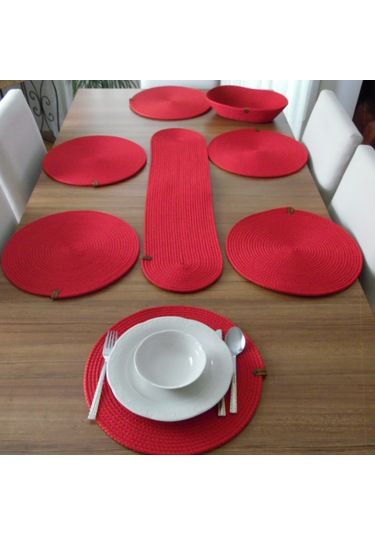Kırmızı 6 Kişilik 8 Parça Amerikan Servis, Hasır Supla Takımı, Ta Kırmızı