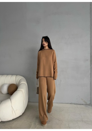 Kadın Kapüşonlu Çizgi Detaylı Triko Alt-üst Takım Camel