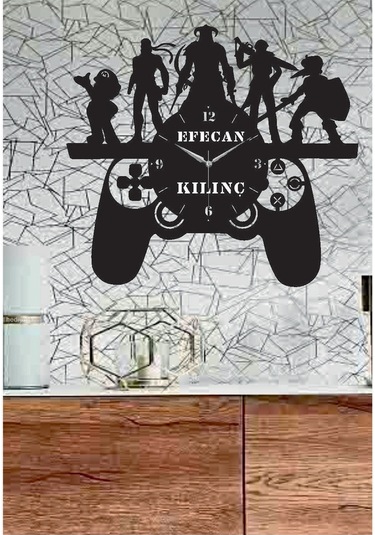 Kişiye Özel Isimli Oyun Kolu Dekoratif Ahşap Duvar Saati Siyah