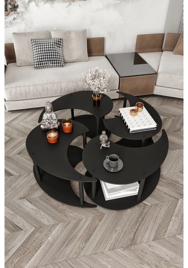 Ravilo Yin Yang 4'lü Orta Sehpa Siyah 90 Cm Siyah