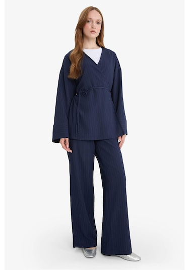 Defacto Relax Fit 2li Takım Gofre Dokulu Uzun Kollu Kimono Pantolon F4095ax25smnv31 Lacivert