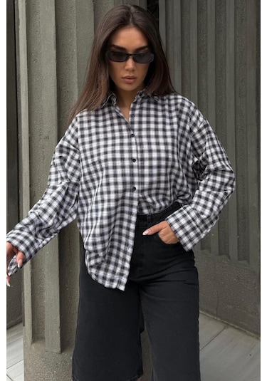 Madmext Siyah Oversize Kareli Kadın Gömlek Mg2822