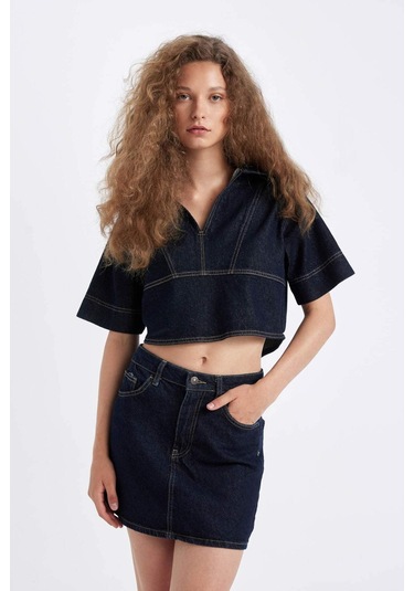 Defacto Fashion Fit Polo Yaka Kısa Kollu Jean Bluz D3716AX24AUNM34