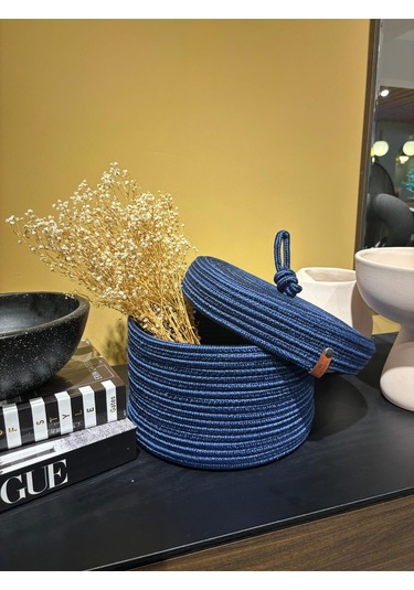 Walnut Kapaklı Jüt Sepet Lacivert