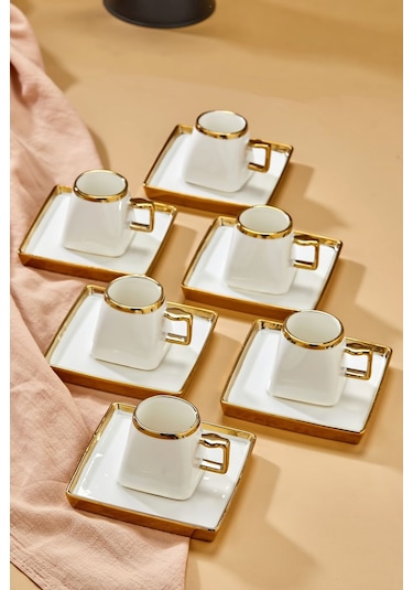 Carmen 6 Kişilik Porselen Gold Detaylı Kahve Fincan Takımı