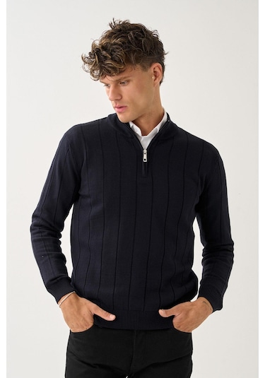 Dikey Dokuma Desenli Fermuarlı Triko Kazak Lacivert