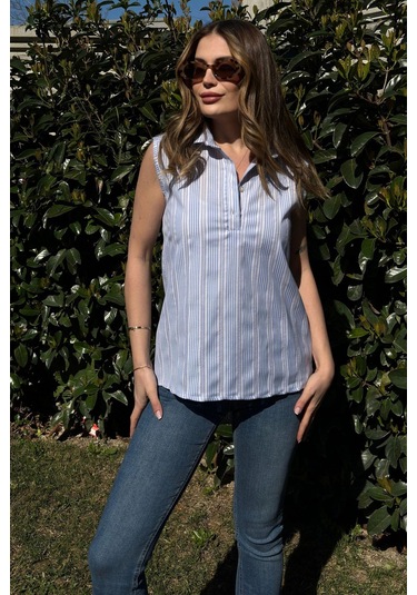 Kadın Mavi Çizgili, Dokulu Yazlık Kumaş, Yarım Patlı, Sıfır Kollu Bluz Mavi